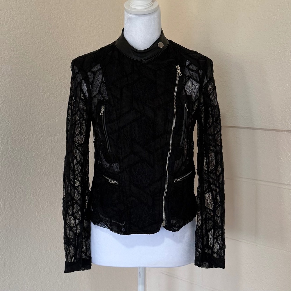 Yigal Azrouël Moto Jacket Womens 6 Black Lace Leather Trim Asymmetrical Zip Goth